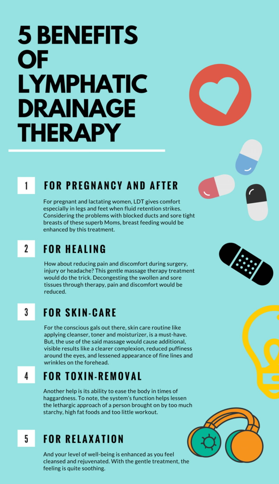 A 5-point explination of thebenefits for Lymphatic Drainage Therapy.